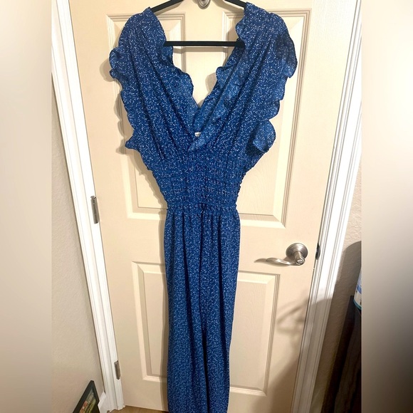 Max Studio Pants - Max Studio - Wide Leg Crepe Jumpsuit, Blue with Yellow & White Dots